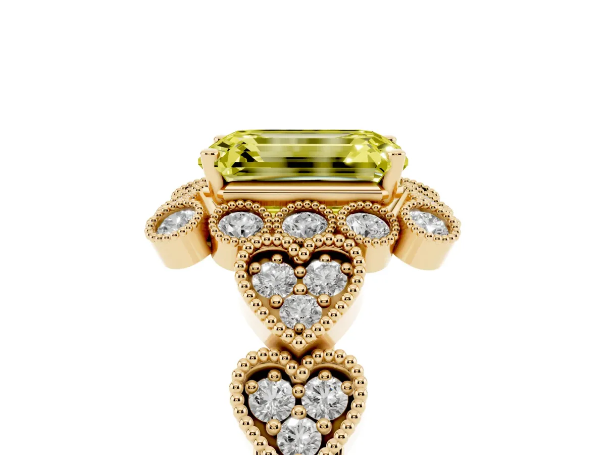 Fancy Yellow Emerald Cut Brilliant Milgrain Pave Heart Band Solitaire Ring Yellow gold