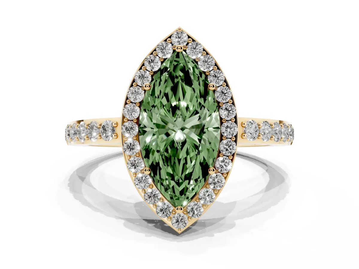 Fancy Green Marquise Cut Halo Diamond Pavé Band Ring with Prong Setting Yellow gold