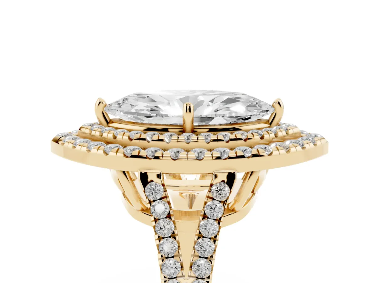 Marquise Cut Diamond Double Halo Ring with Pavé Band and Prong Setting Yellow gold