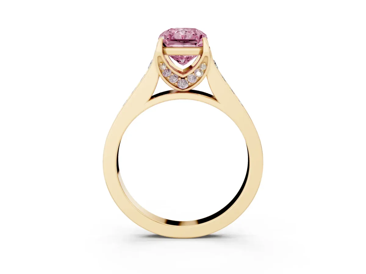 Fancy Pink Radiant Cut Brilliant Cut Diamond Engagement Ring with Pavé Band and Four-Prong Setting Yellow gold