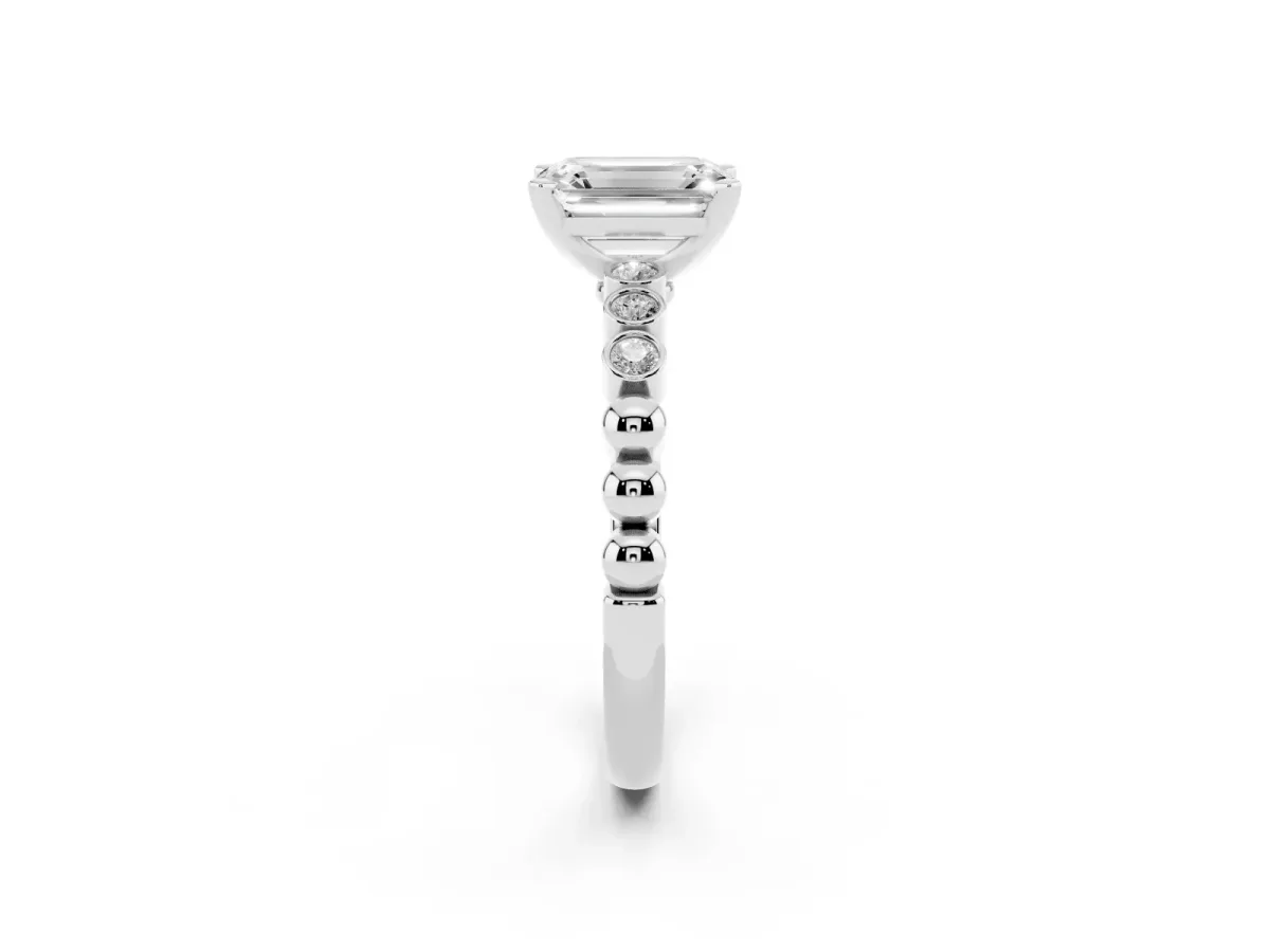 Emerald Cut Solitaire Bezel Accent Diamond Engagement Ring with Beaded Band and Four-Prong Setting Silver