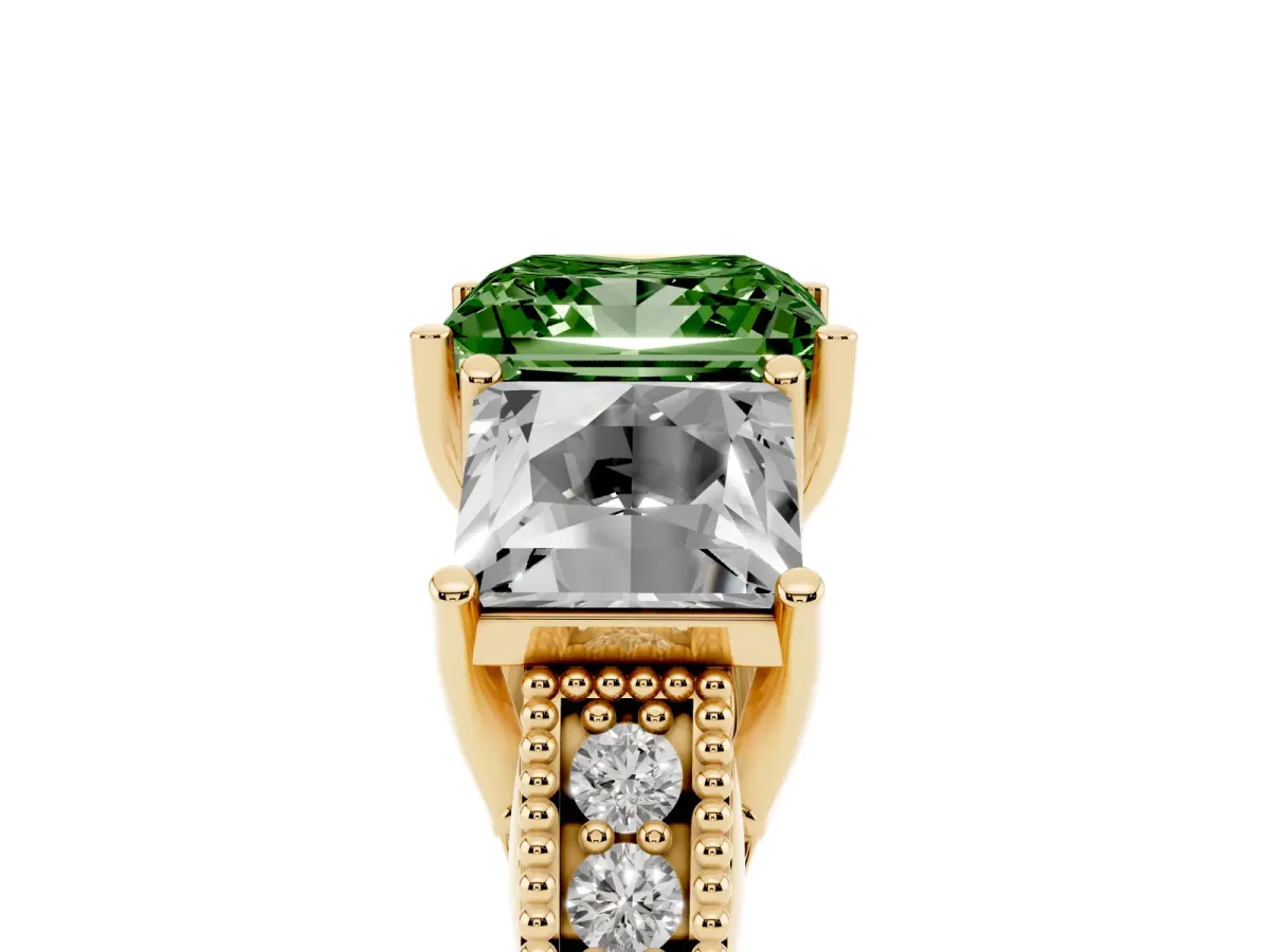 Fancy Green Three-Stone Princess Cut Cut Milgrain Pavé Engagement Ring Yellow gold