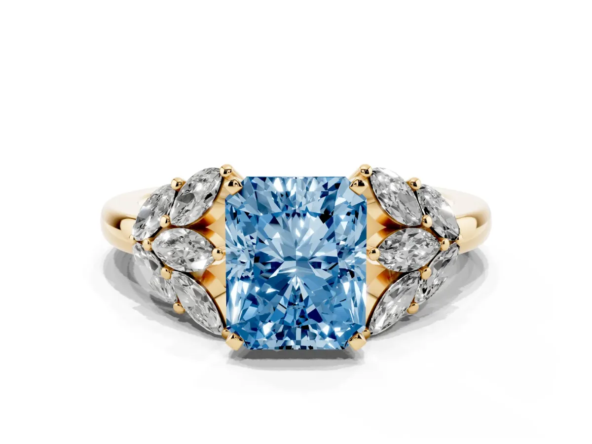 Fancy Blue Radiant Cut Diamond Cluster Leaf Design Ring with Prong Setting Yellow gold