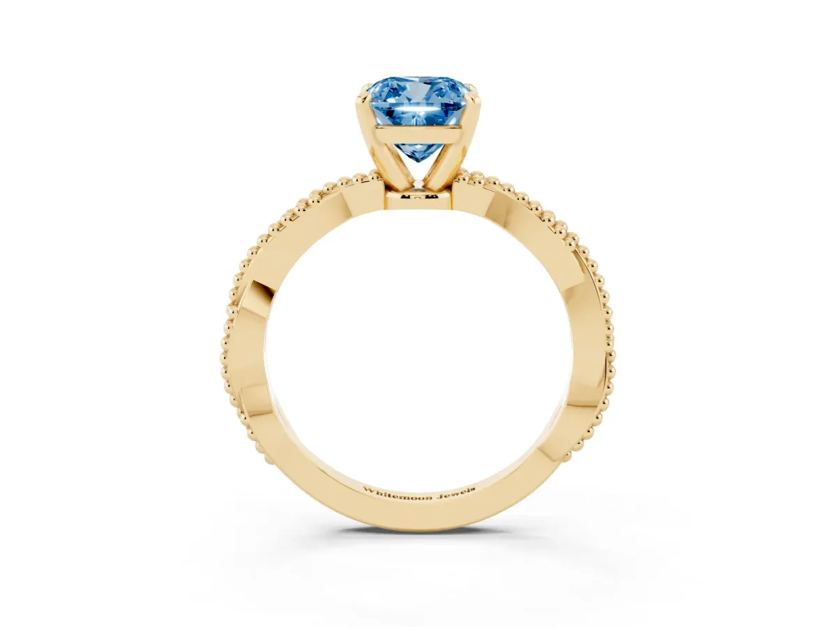 Fancy Blue Cushion Cut Solitaire Twisted Band with Bead Prong Setting Yellow gold