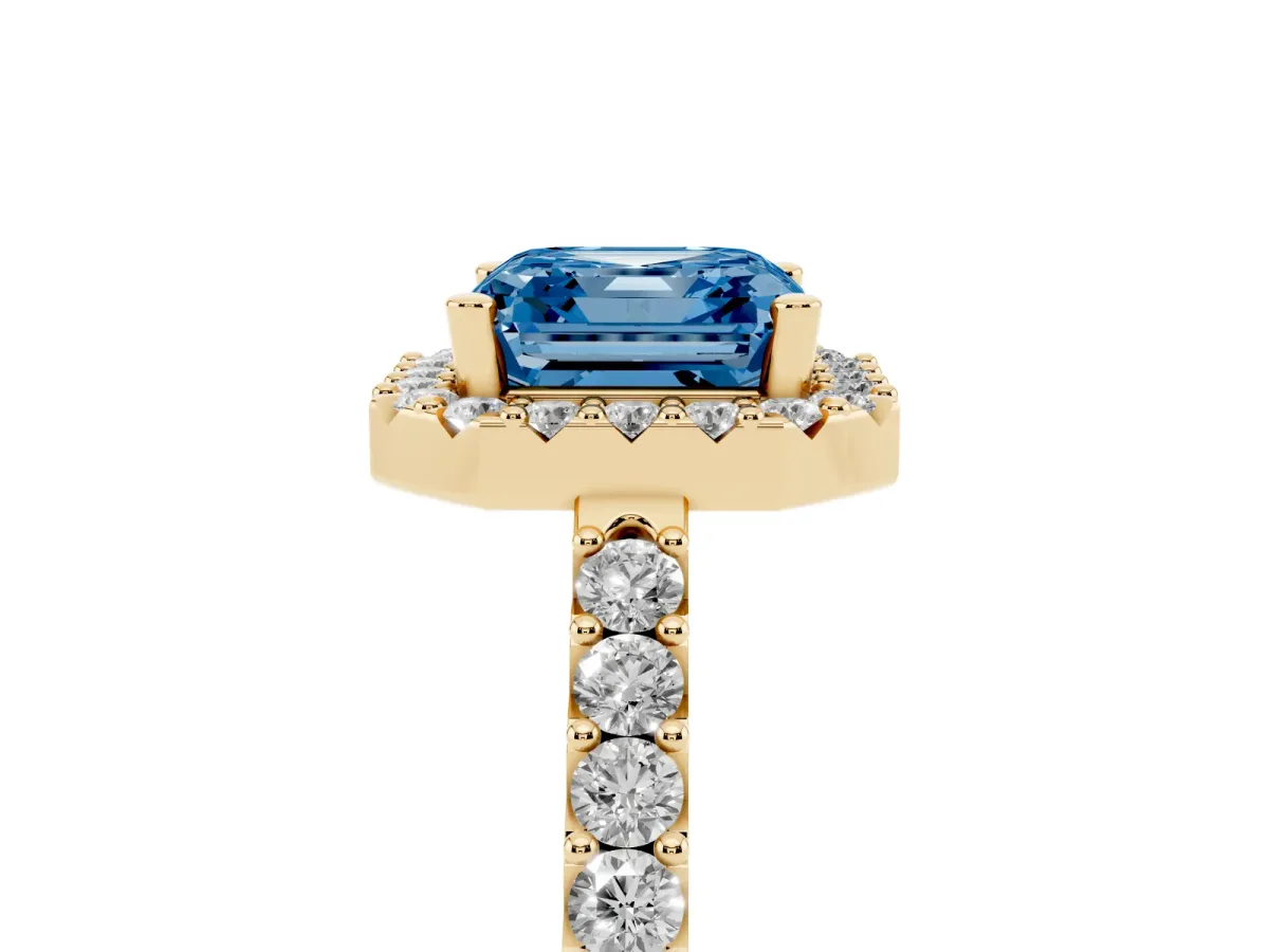 Fancy Blue Asscher Cut Halo Diamond Pavé Solitaire Ring Yellow gold