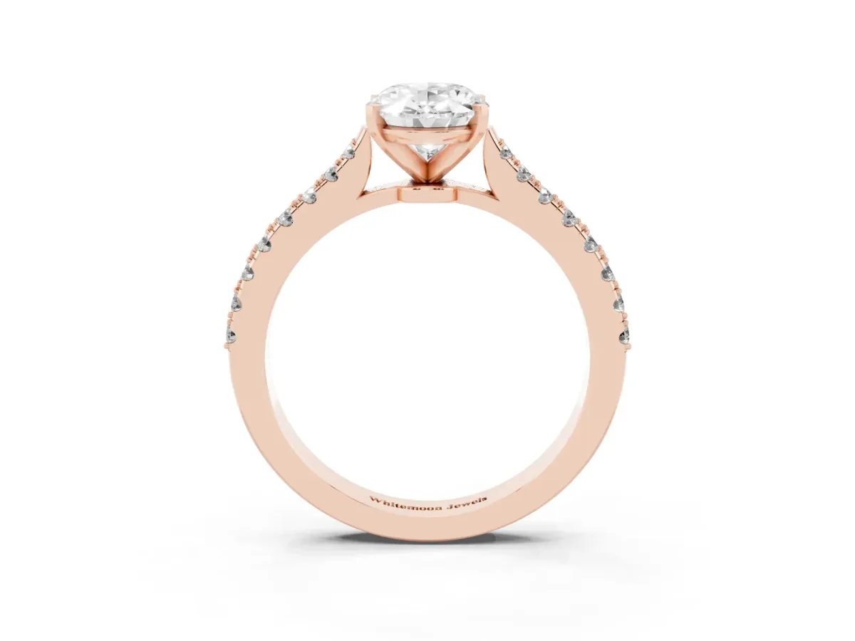 Oval Cut Cut Solitaire Diamond Engagement Ring with Pave Band and Four-Prong Setting Rose gold