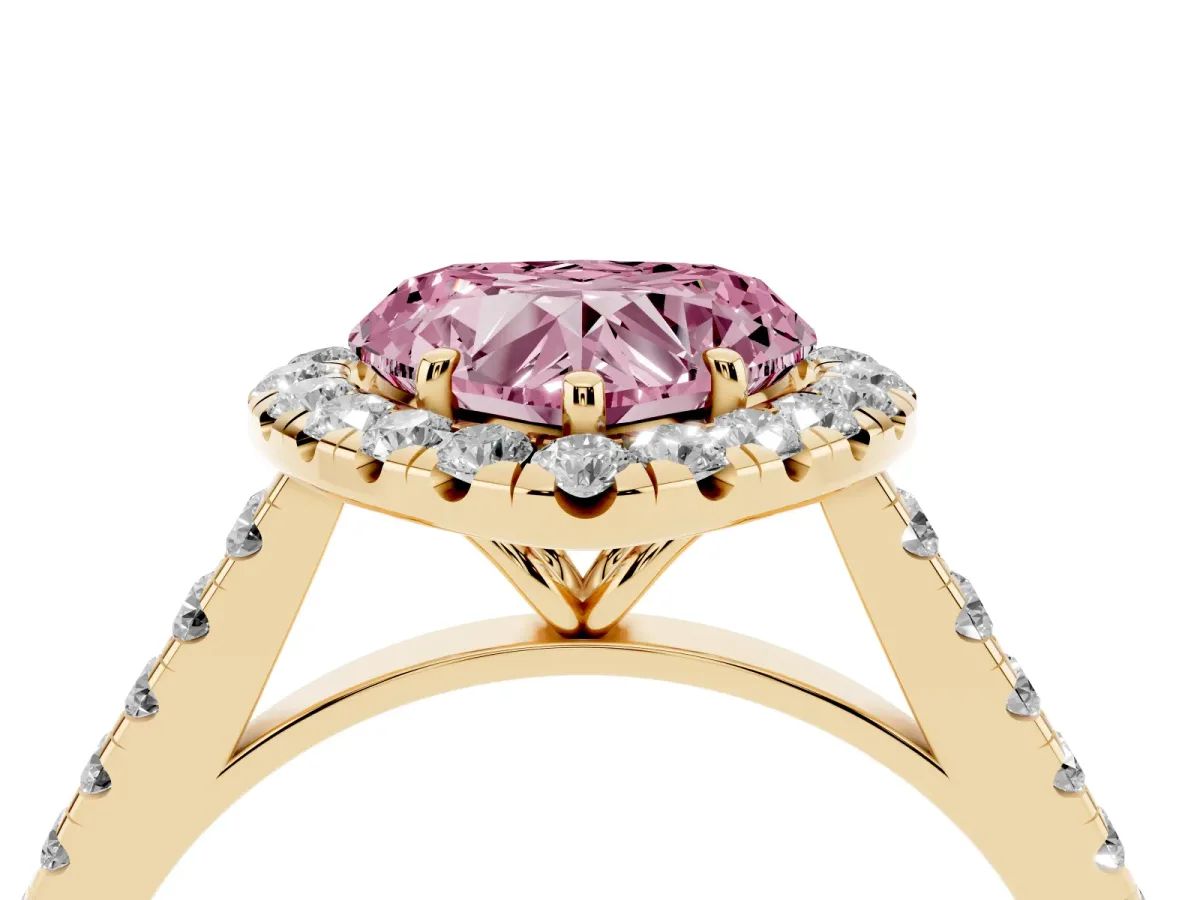 Fancy Pink Heart Cut Halo Pave Diamond Engagement Ring with Four-Prong Setting Yellow gold