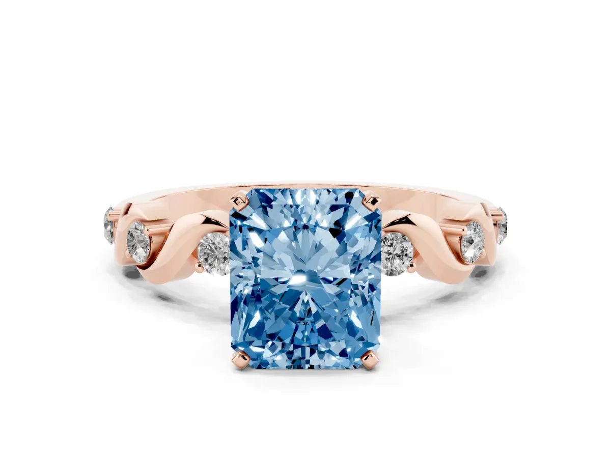 Fancy Blue Radiant Cut Diamond Solitaire Twisted Band with Round Accents and Prong Setting Rose gold