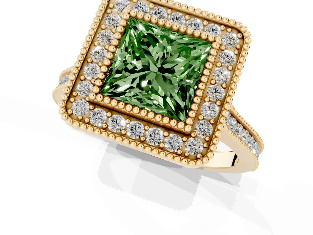 Fancy Green Princess Cut Diamond Halo Ring with Milgrain Frame and Pavé Band Yellow gold
