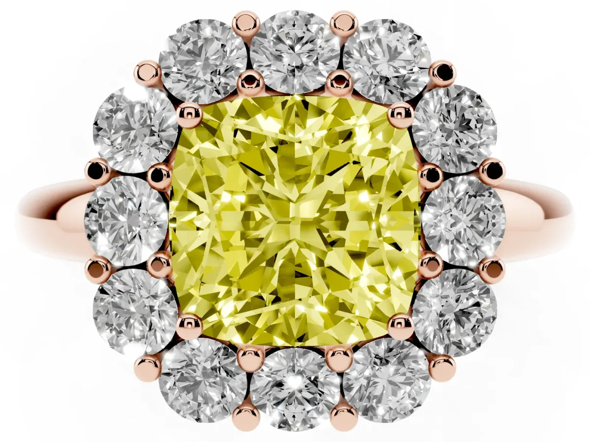 Fancy Yellow Cushion Cut Halo Cluster Diamond Engagement Ring with Prong Setting and Polished Band Rose gold