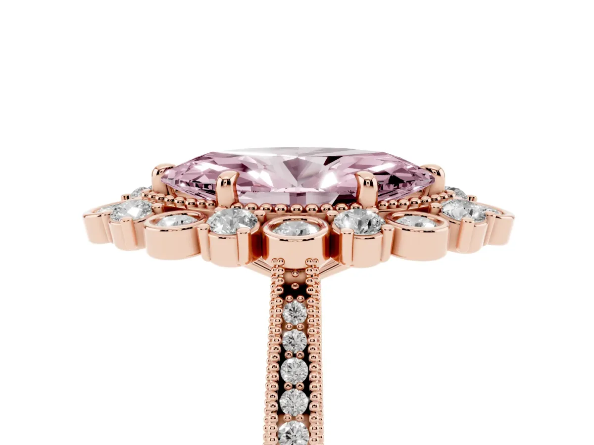 Fancy Pink Marquise Cut Halo Milgrain Pave Diamond Ring with Four-Prong Setting Rose gold