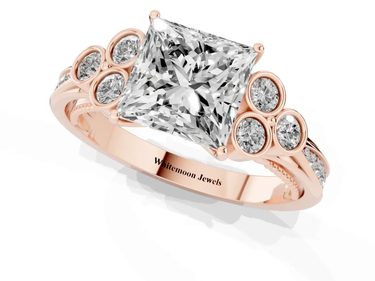 Princess Cut Cut Diamond Engagement Ring with Bezel Set Round Side Stones and Prong Setting Rose gold