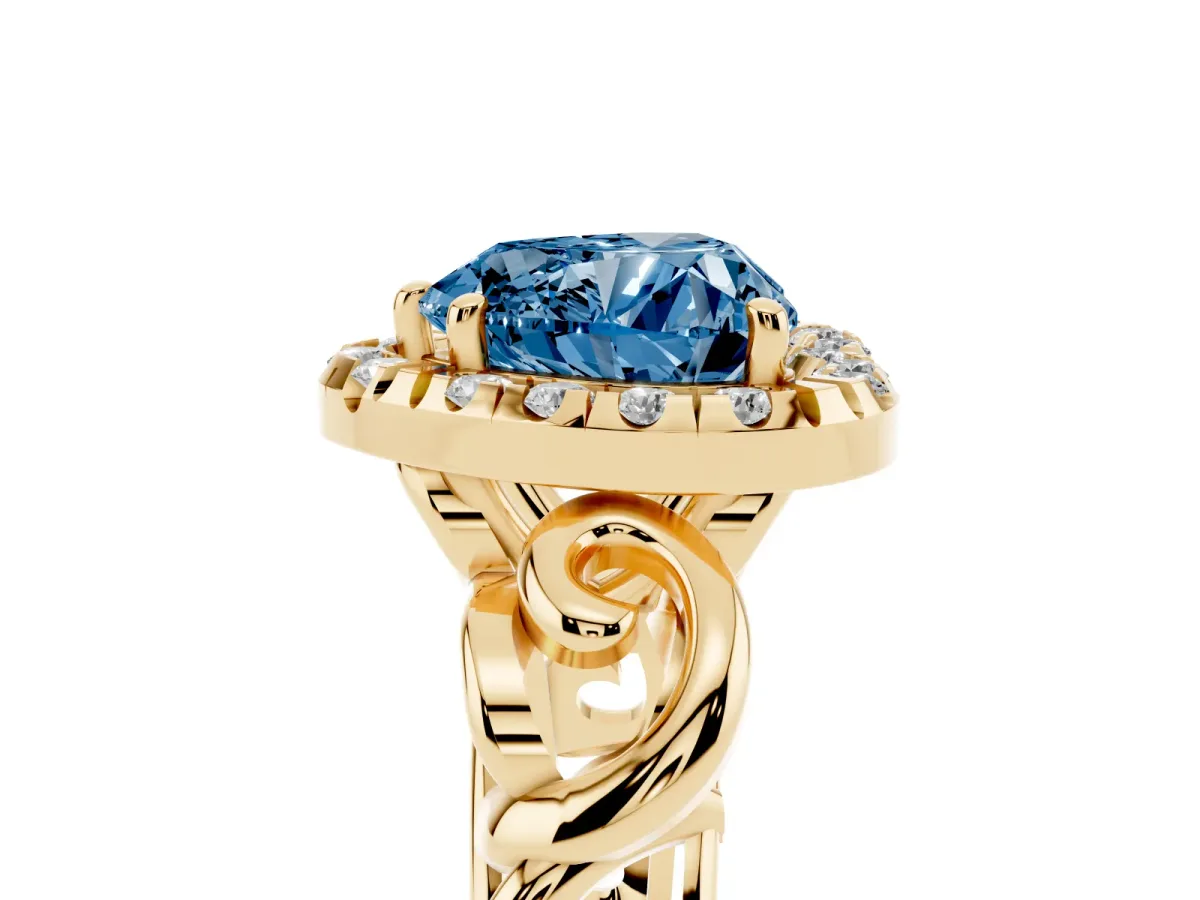 Fancy Blue Heart Cut Cut Halo Diamond Ring with Scrollwork Band and Four-Prong Setting Yellow gold