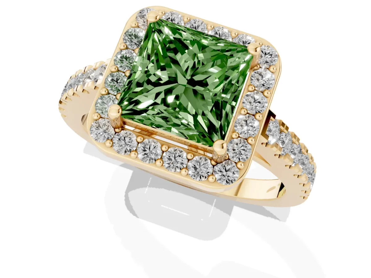 Fancy Green Princess Cut Diamond Halo Ring with Round Pavé Split Shank and Prong Setting Yellow gold
