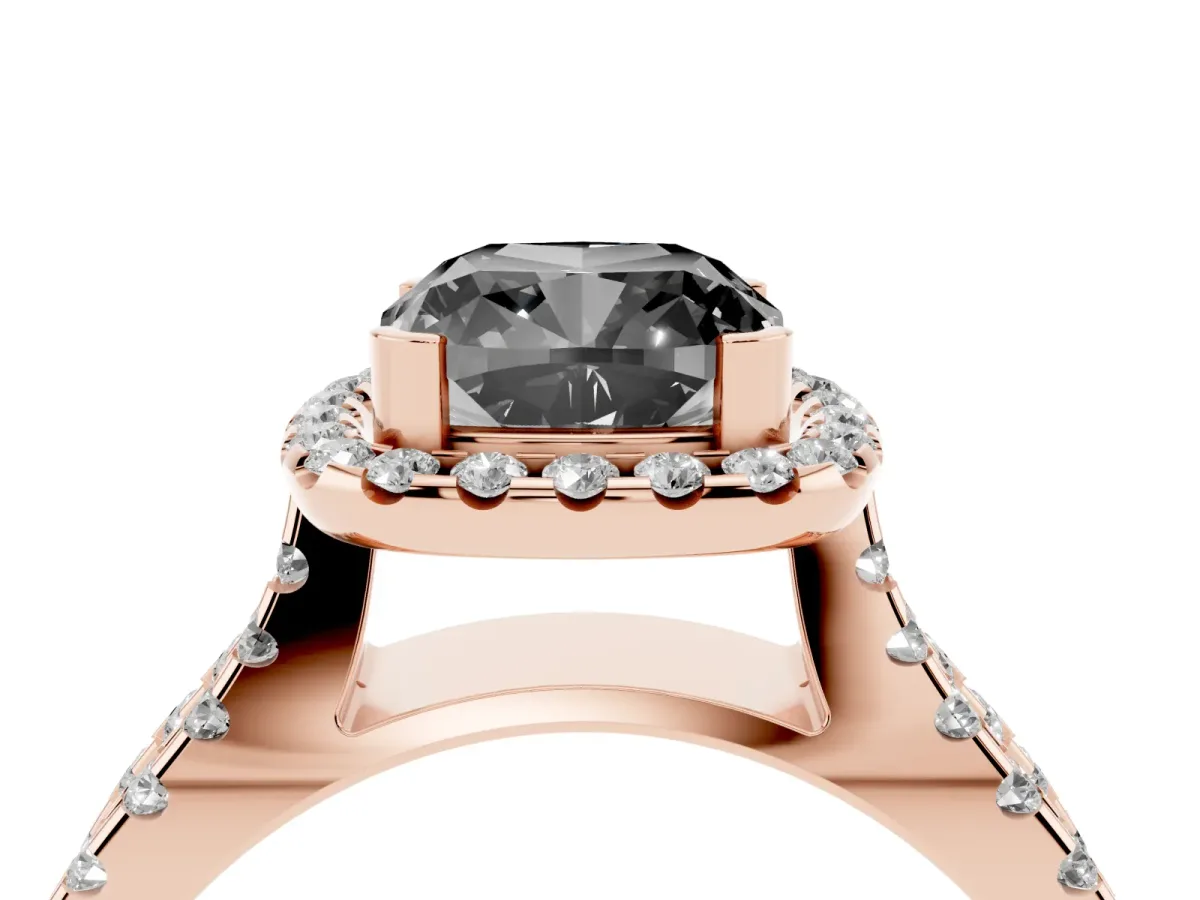 Fancy Black Cushion Cut Diamond Halo Ring with Split Shank Pavé Band and Prong Setting Rose gold