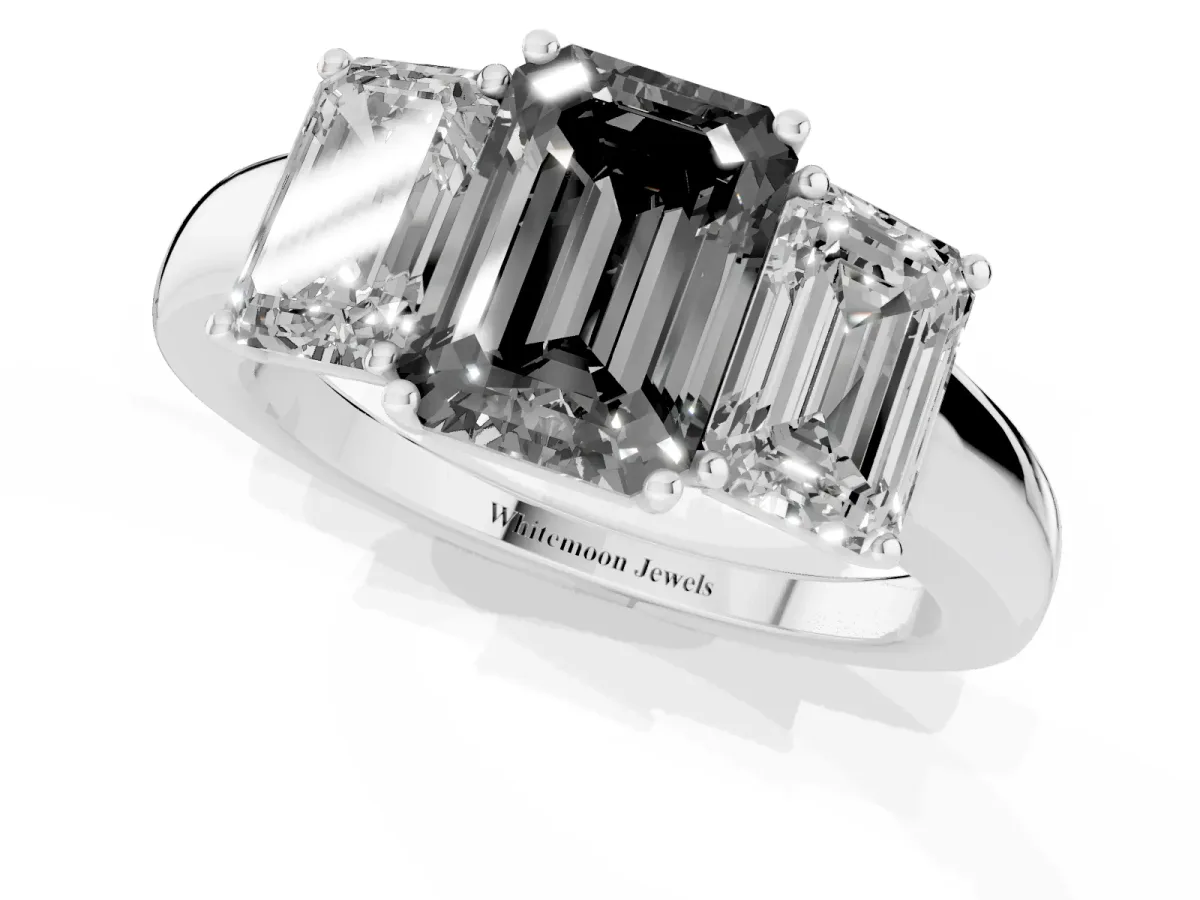Fancy Black Emerald Cut Diamond Three-Stone Ring with Four-Prong Setting and Classic Band Silver