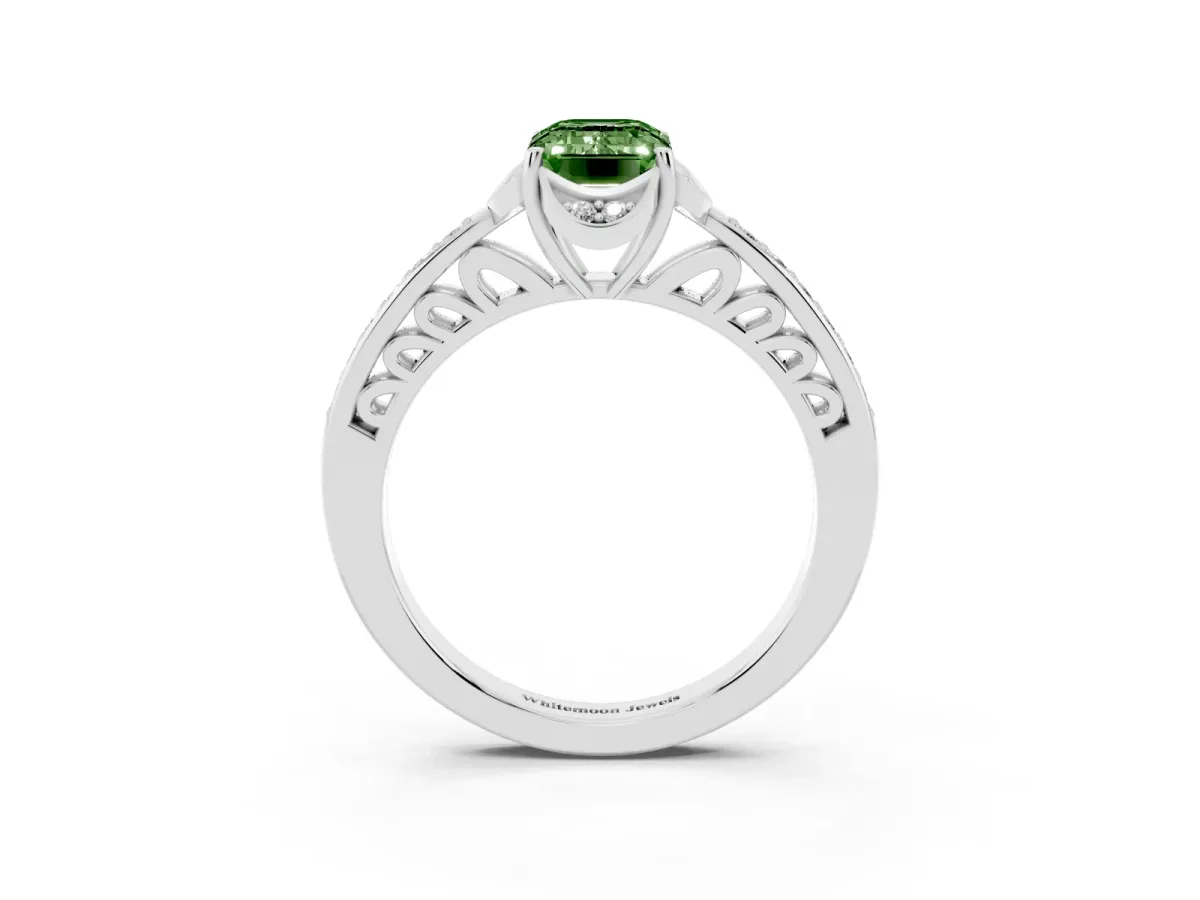 Fancy Green Emerald Cut Cut Halo Diamond Ring with Channel Set Band and Four-Prong Setting Platinum