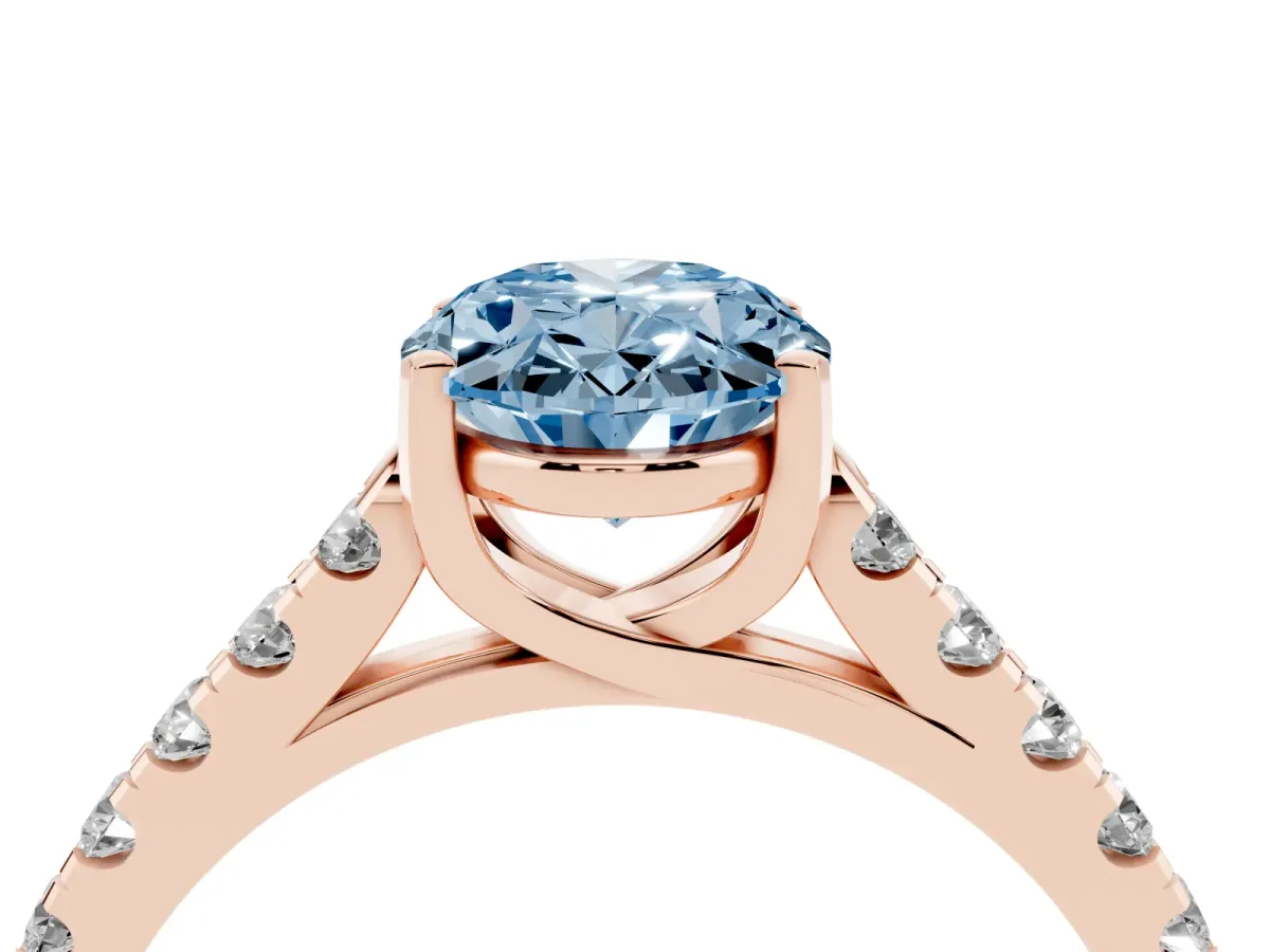 Fancy Blue Oval Cut Diamond Pavé Band Solitaire Ring with Prong Setting Rose gold