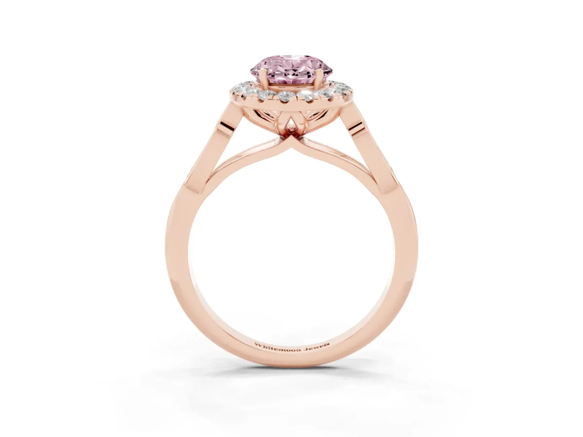 Fancy Pink Oval Cut Halo Diamond Engagement Ring with Filigree Band and Four-Prong Setting Rose gold