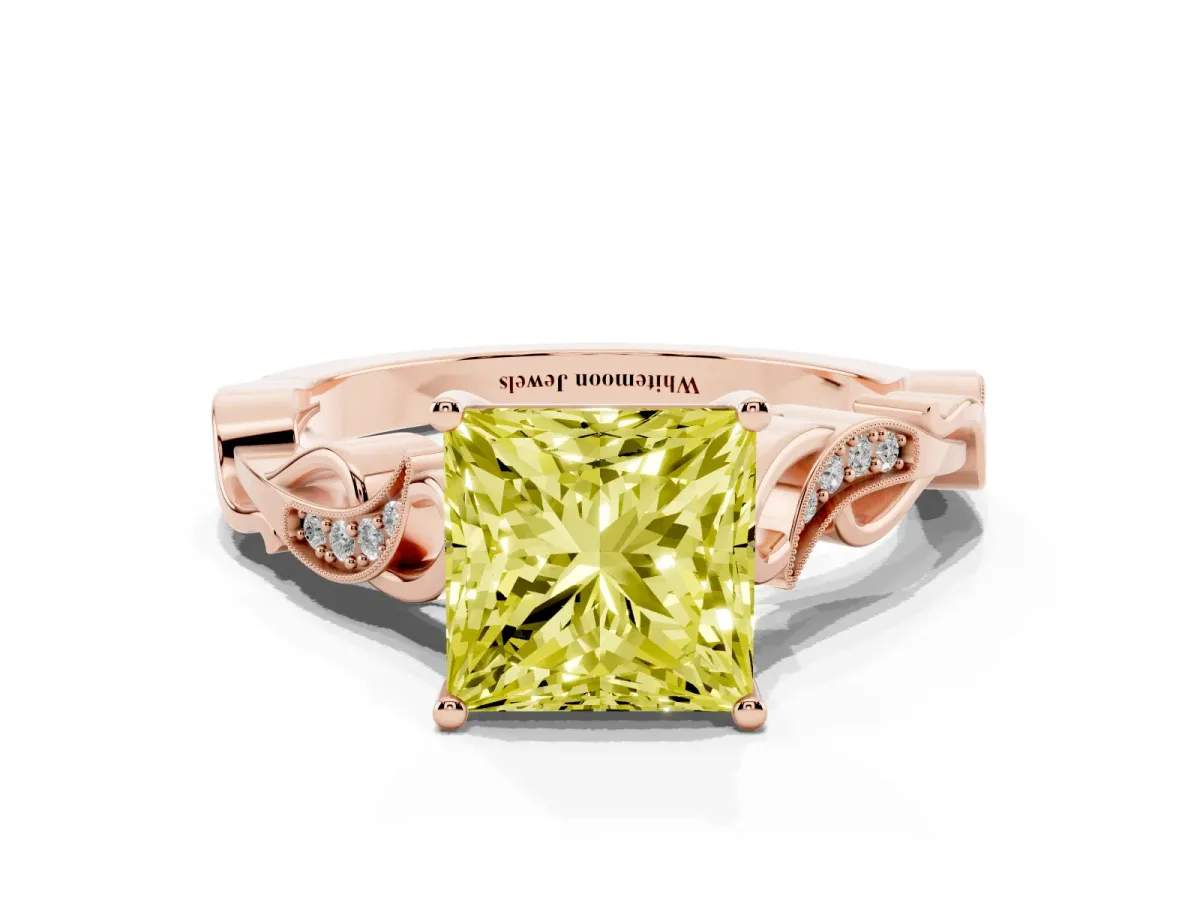 Fancy Yellow Princess Cut Solitaire Vine Band with Milgrain Prong Setting Rose gold