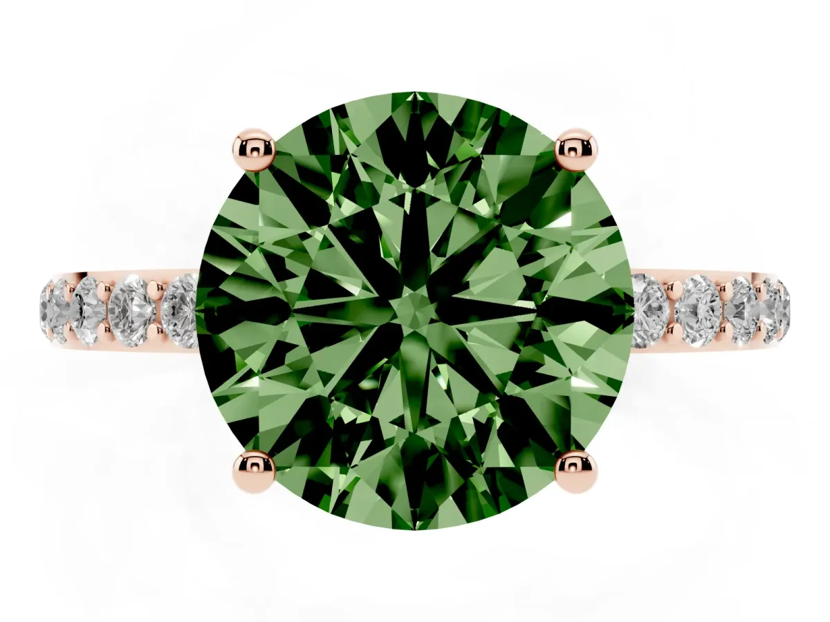 Fancy Green Round Cut Diamond Solitaire Ring with Round Pavé Shoulders and Prong Setting Rose gold