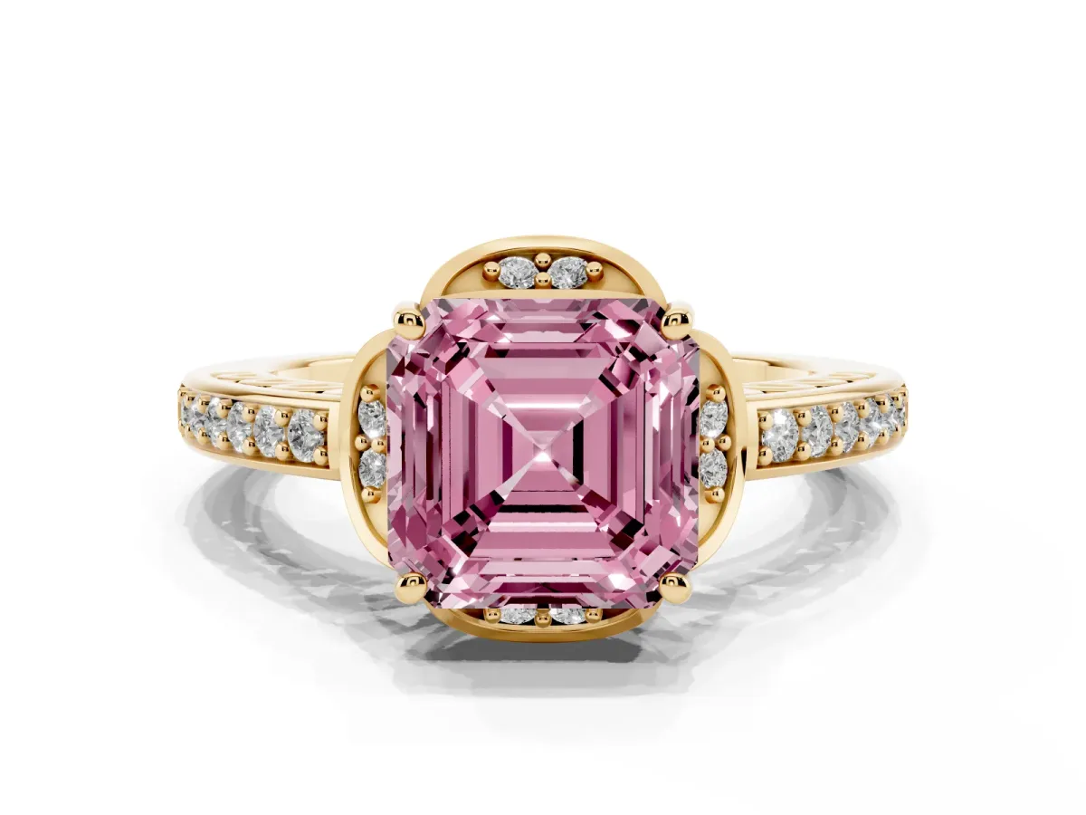 Fancy Pink Asscher Cut Cut Halo Diamond Ring with Channel Set Band and Four-Prong Setting Yellow gold