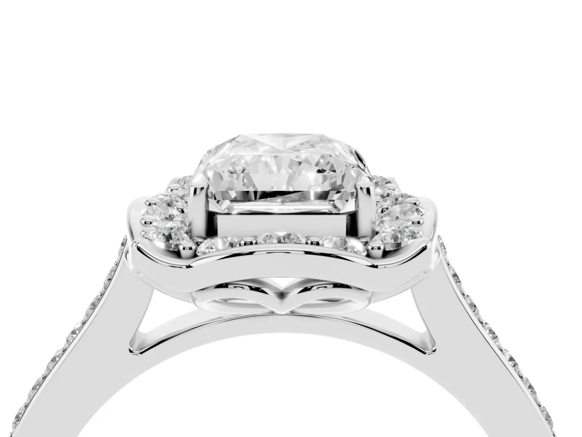 Radiant Cut Halo Round Diamond Pave Band with Four-Prong Setting Platinum