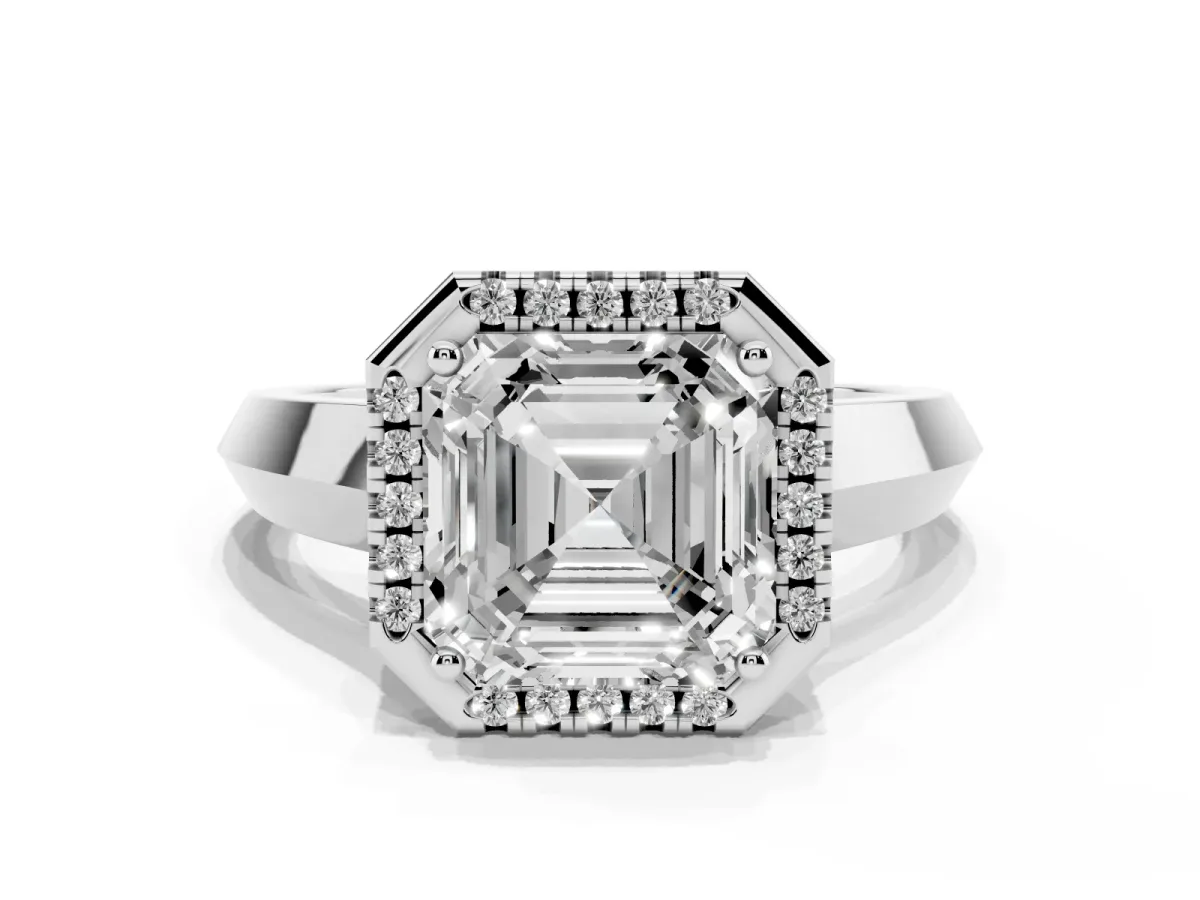 Asscher Cut Halo Diamond Ring with Cathedral Band and Four-Prong Setting Silver