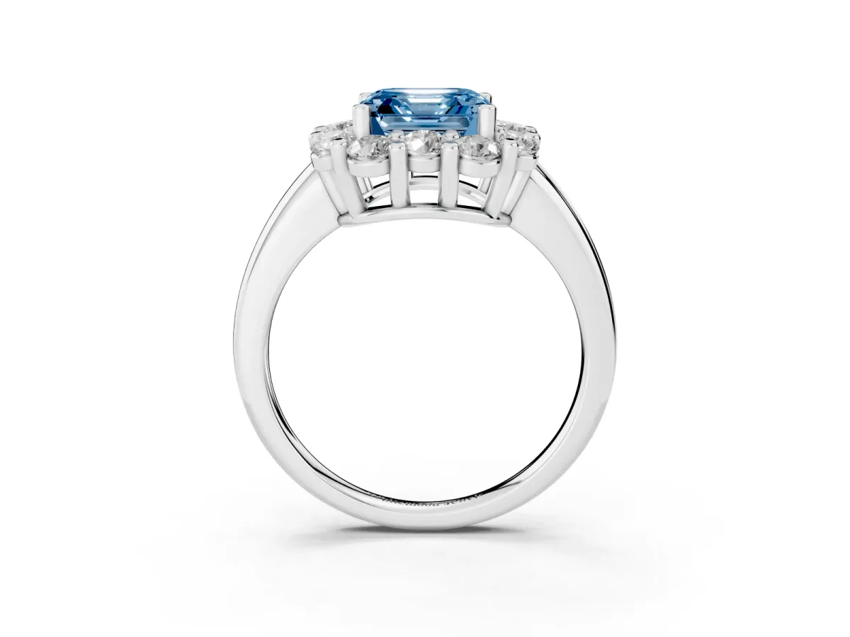 Fancy Blue Asscher Cut Halo Cluster Diamond Engagement Ring with Prong Setting and Polished Band Silver