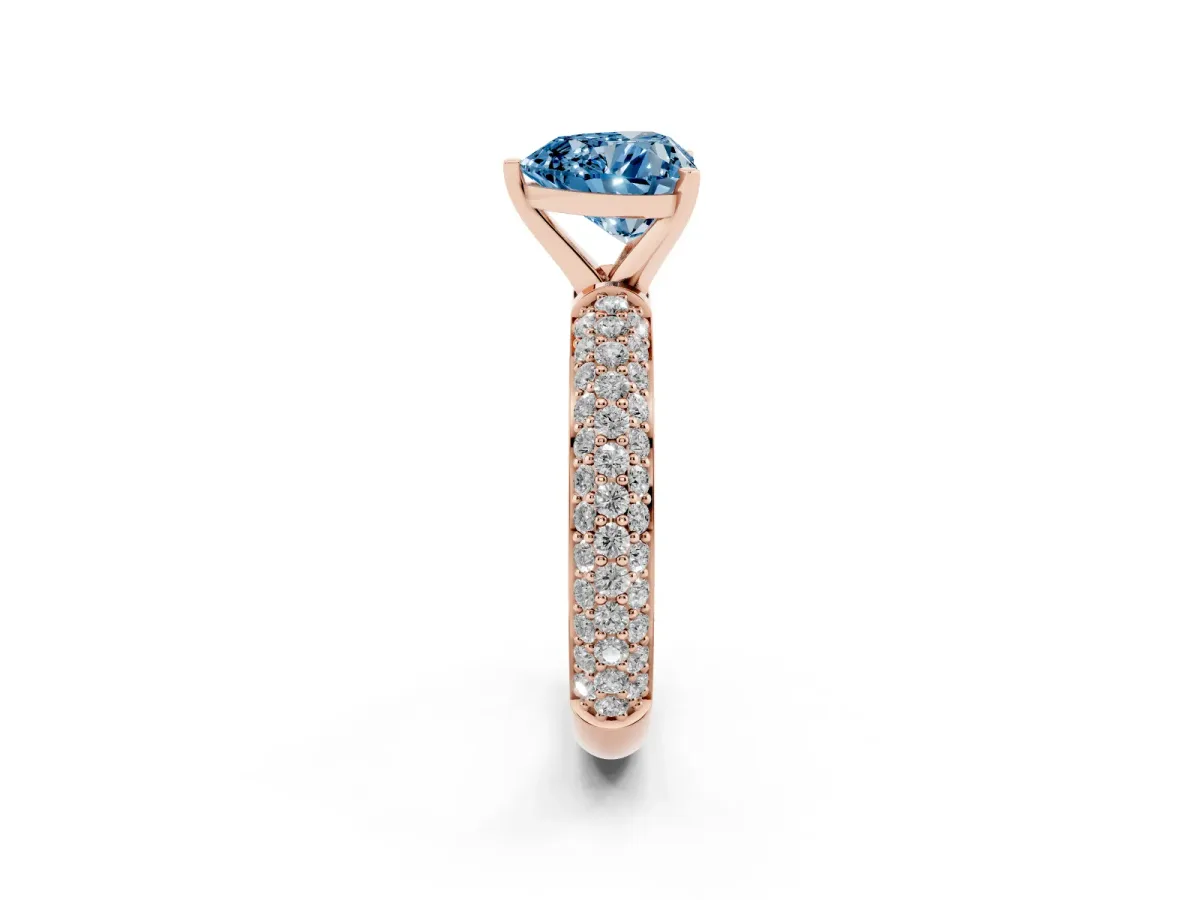 Fancy Blue Heart Cut Diamond Solitaire Ring with Prong Setting and Pavé Band Rose gold