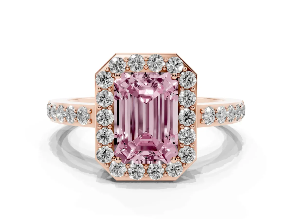 Fancy Pink Emerald Cut Halo Diamond Pavé Band Ring with Prong Setting Rose gold