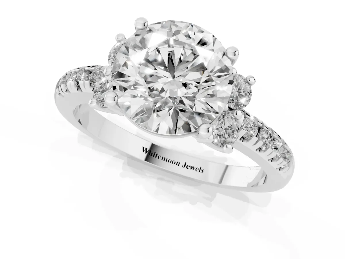Round Cut Diamond Three-Stone Pave Band with Four-Prong Setting Silver