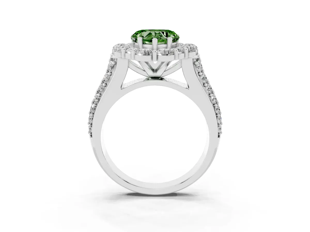 Fancy Green Heart Cut Halo Diamond Engagement Ring with Split Shank and Prong Setting White gold
