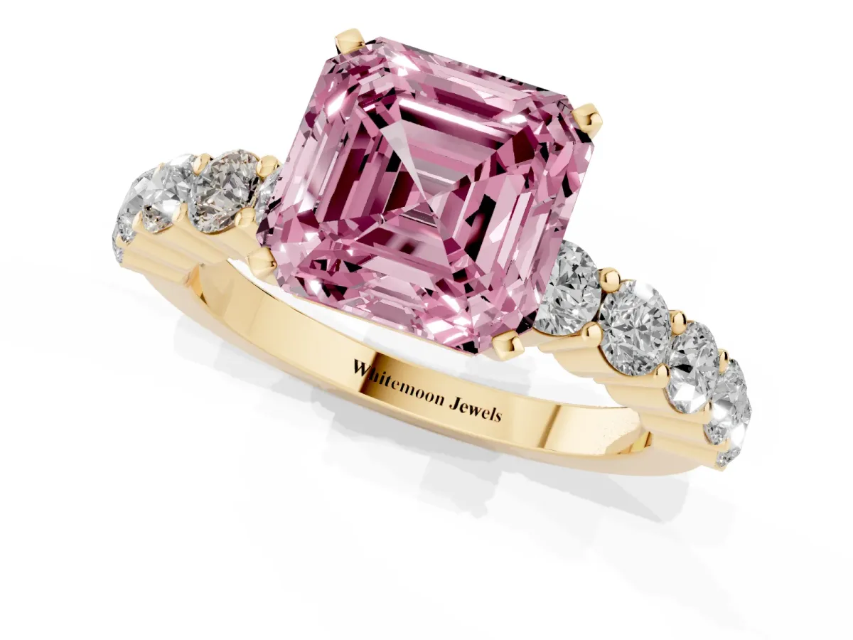 Fancy Pink Asscher Cut Diamond Solitaire Ring with Shared Prong Round Side Stones Yellow gold