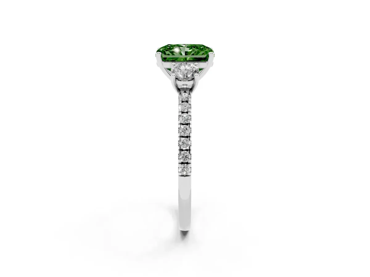 Fancy Green Three-Stone Radiant Cut Cut Diamond Pavé Band with Prong Setting Silver