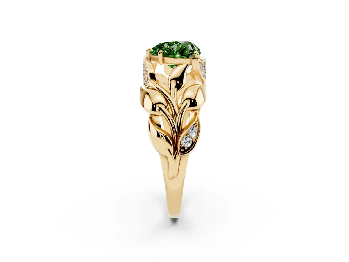 Fancy Green Heart Cut Diamond Leaf-Inspired Engagement Ring with Round Accents and Prong Setting Yellow gold