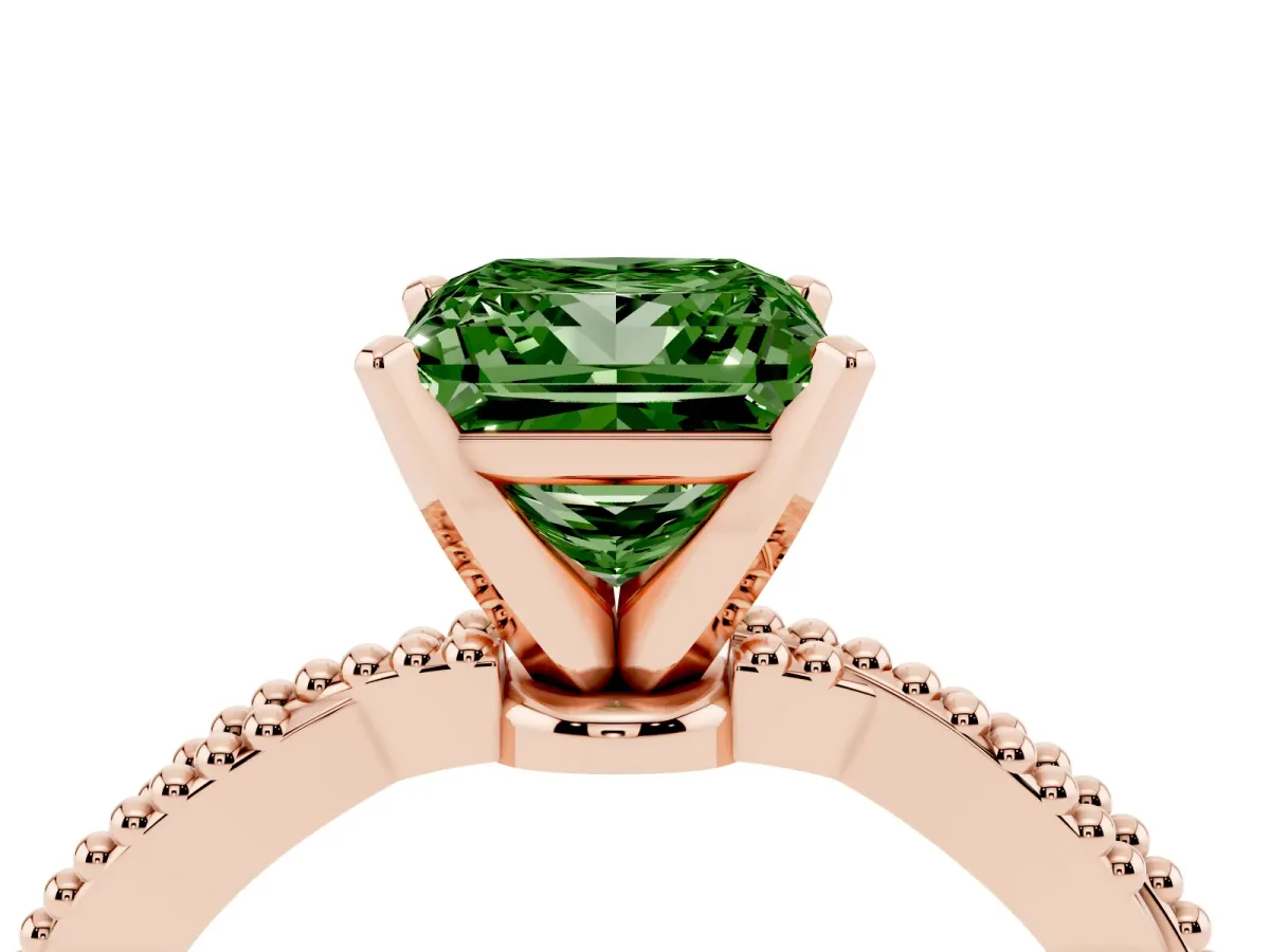 Fancy Green Princess Cut Solitaire Twisted Band with Bead Prong Setting Rose gold