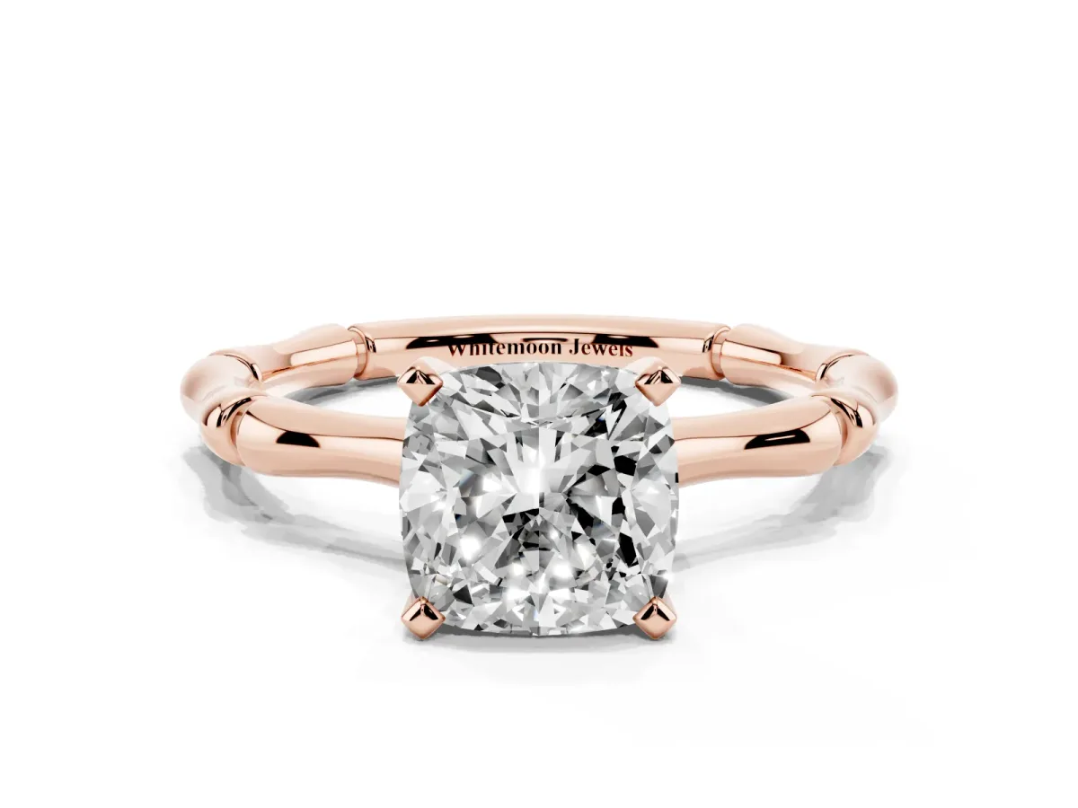 Cushion Cut Solitaire Diamond Ring with Bamboo Band and Four-Prong Setting Rose gold