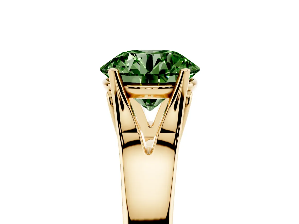 Fancy Green Round Cut Solitaire Diamond Ring with Cathedral Band and Four-Prong Setting Yellow gold