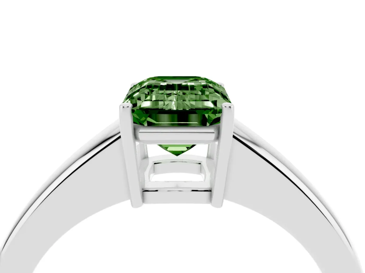 Fancy Green Emerald Cut Solitaire Diamond Ring with Tapered Band and Four-Prong Setting White gold