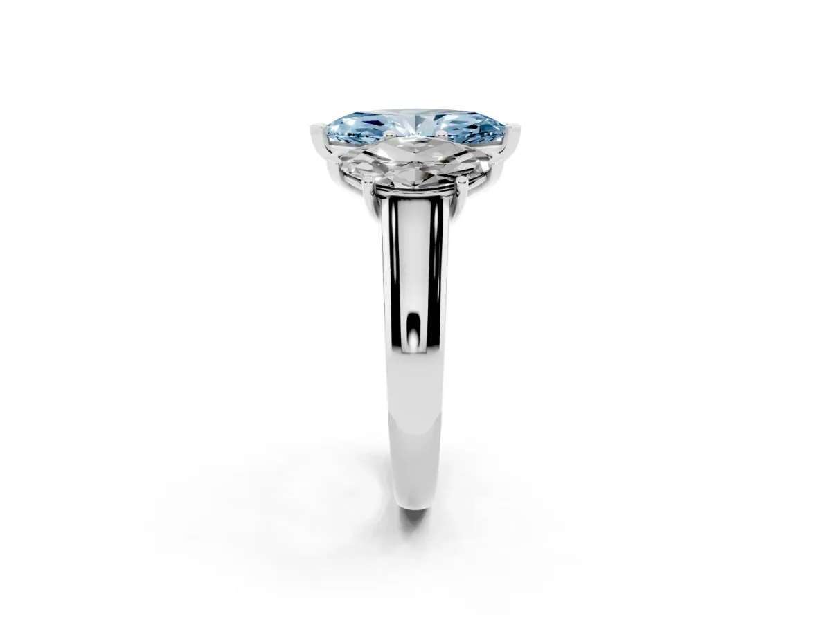 Fancy Blue Marquise Cut Three-Stone Diamond Ring with Prong Setting on a Classic Band Silver