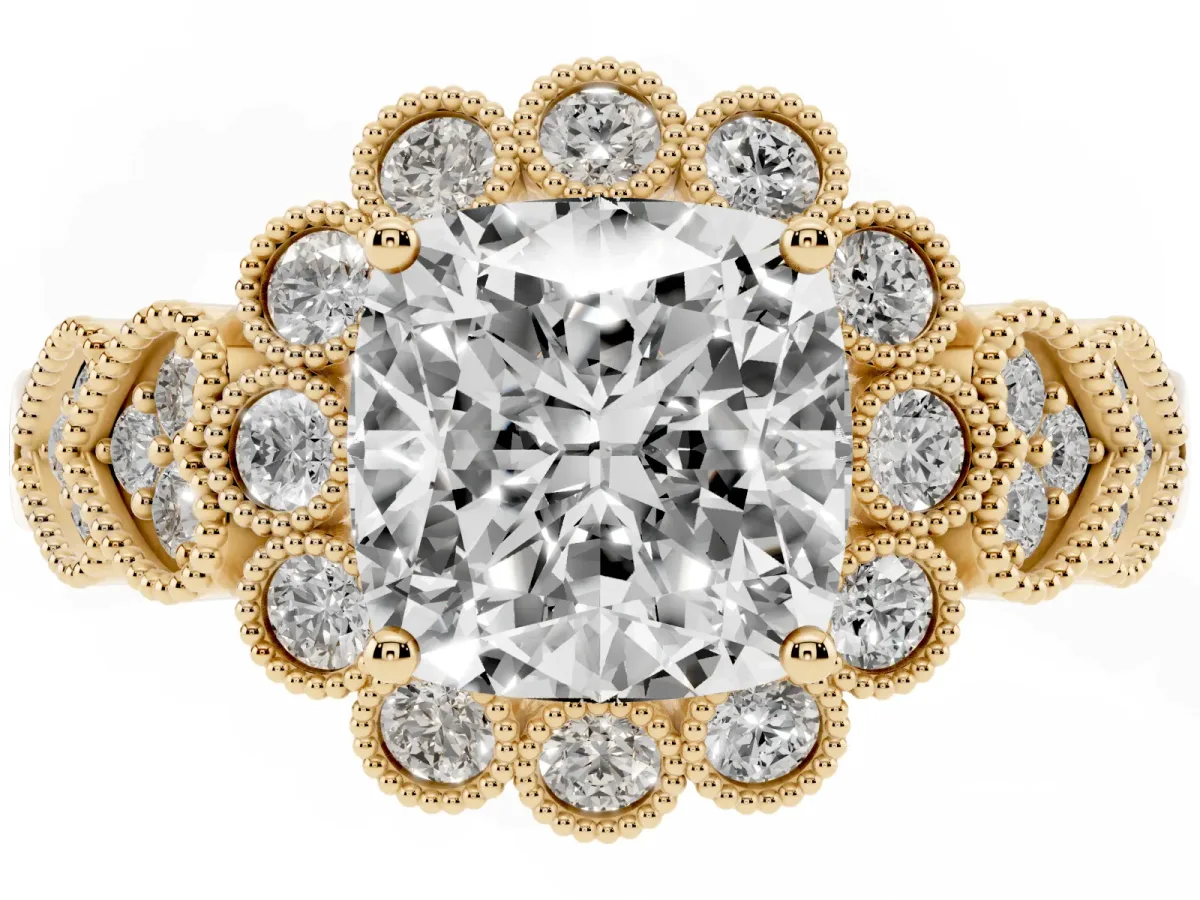 Cushion Cut Brilliant Milgrain Pave Heart Band Solitaire Ring Yellow gold