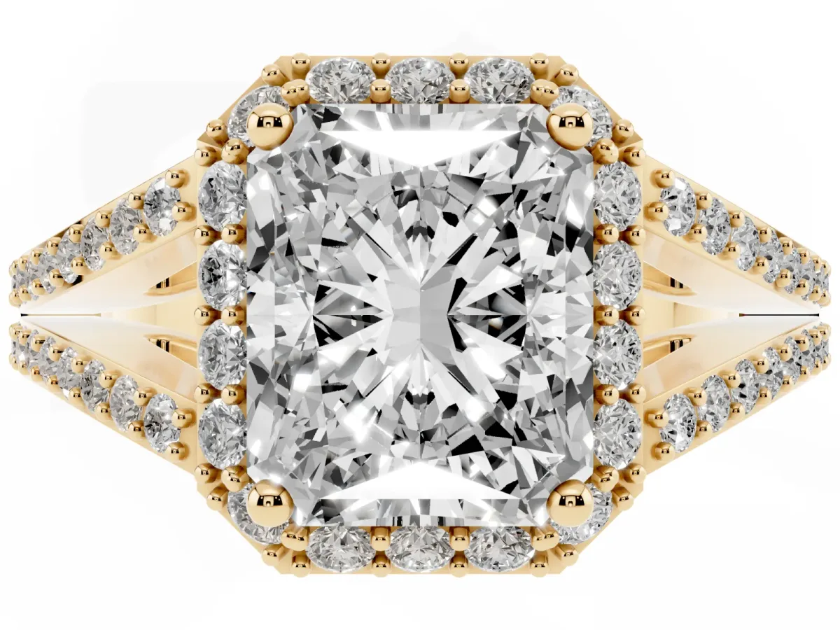 Radiant Cut Halo Split Shank Diamond Ring with Prong Setting Yellow gold