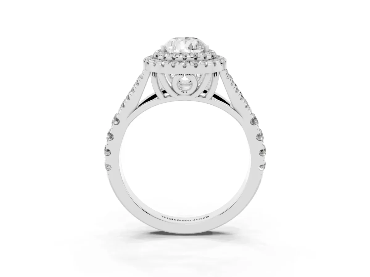 Pear Cut Diamond Pavé Split Shank Double Halo Engagement Ring Silver