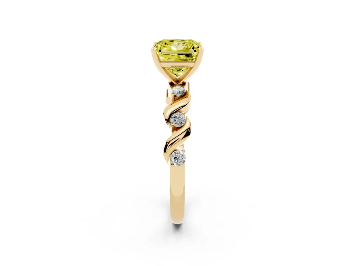Fancy Yellow Princess Cut Diamond Solitaire Twisted Band with Round Accents and Prong Setting Yellow gold
