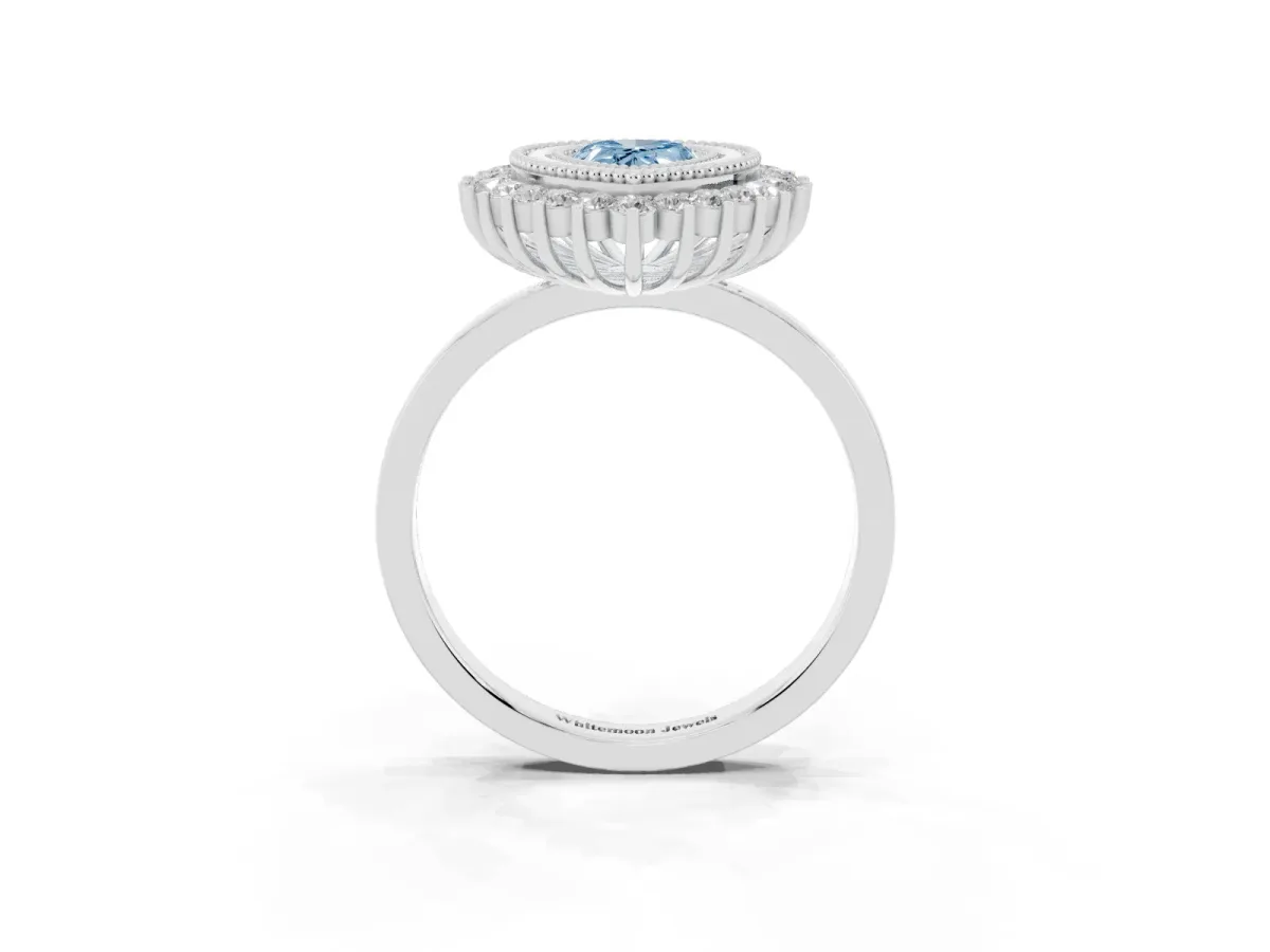 Fancy Blue Pear Cut Halo Diamond Ring with Milgrain Edge and Round Prong Setting Silver