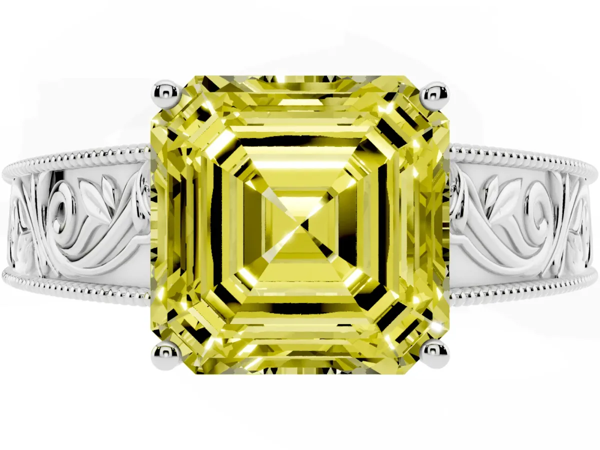 Fancy Yellow Asscher Cut Diamond Solitaire Ring with Engraved Band and Four-Prong Setting Platinum