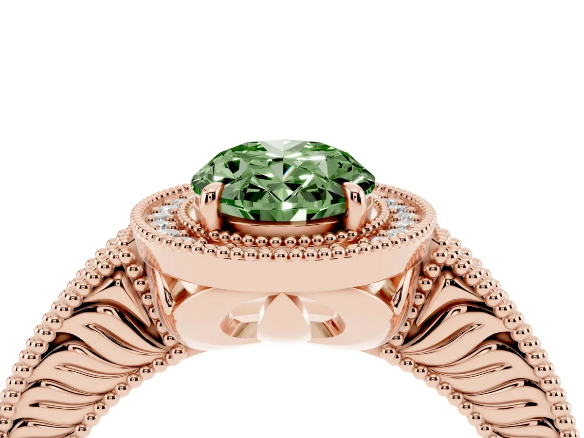 Fancy Green Oval Cut Cut Halo Diamond Ring with Pavé Band and Four-Prong Setting Rose gold