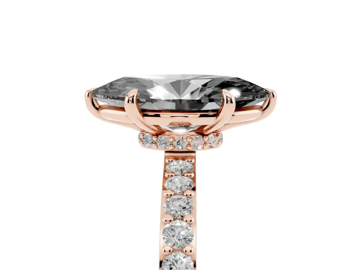 Fancy Black Marquise Cut Diamond Pavé Engagement Ring with Round Accents and Prong Setting Rose gold