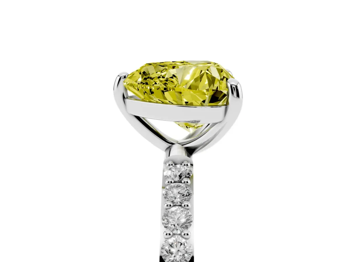 Fancy Yellow Heart Cut Diamond Solitaire Ring with Round Pavé Band and Prong Setting Silver